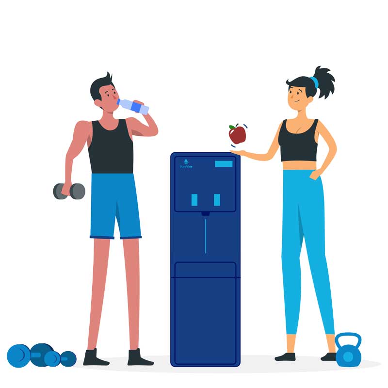 Two people in gym drinking water from PureVida coolers